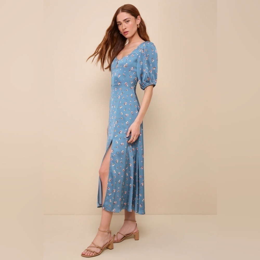 LULU’S Gorgeous Days Blue Floral Satin Puff Sleeve Midi Dress - Picture 2 of 3